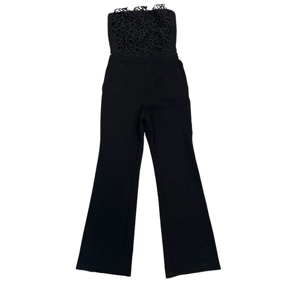 Rebecca Vallance Sophia Crepe 3D Lace Trim Strapless Jumpsuit Straight Leg Black - Picture 5 of 13